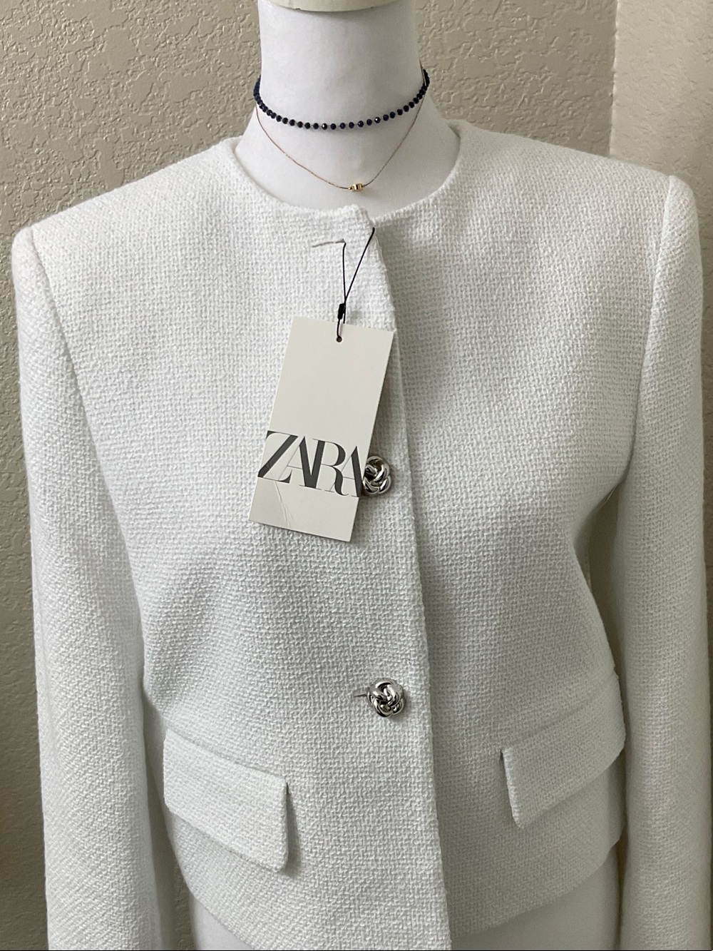 ZARA White Tweed Collarless Blazer with Decorative Silver Buttons - Picture 2 of 12